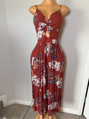 Angie 100% Rayon Rust Floral Twist-Front Maxi Dress